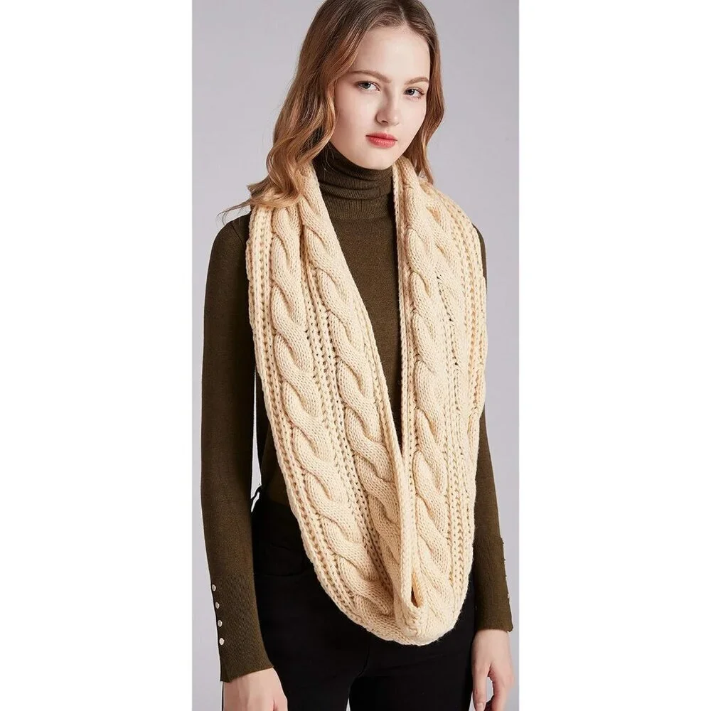 Women's Twist Beige Thick Ribbed Knit Winter Infinity Circle Loop Scarf